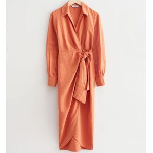 & Other Stories Orange Collared Linen Blend Wrap Midi Dress Size EUR 36 / US S